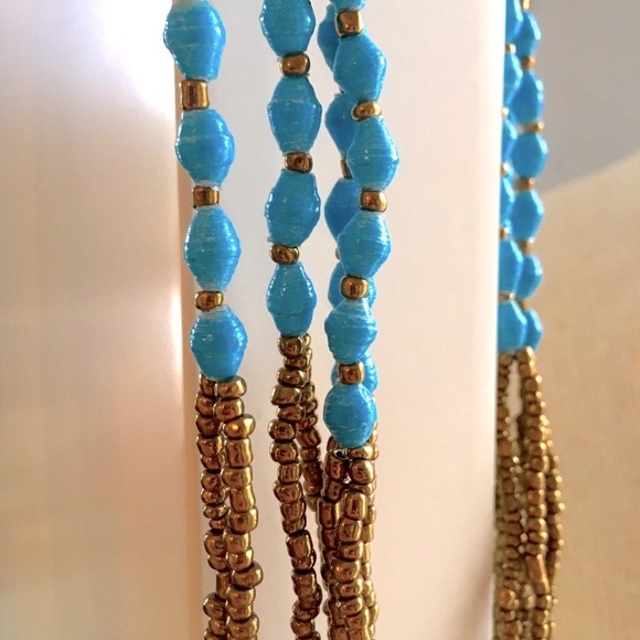 TENG YUE 80’s Newspaper Bead Turquoise & Gold Vintage Necklace - Picture 9 of 10